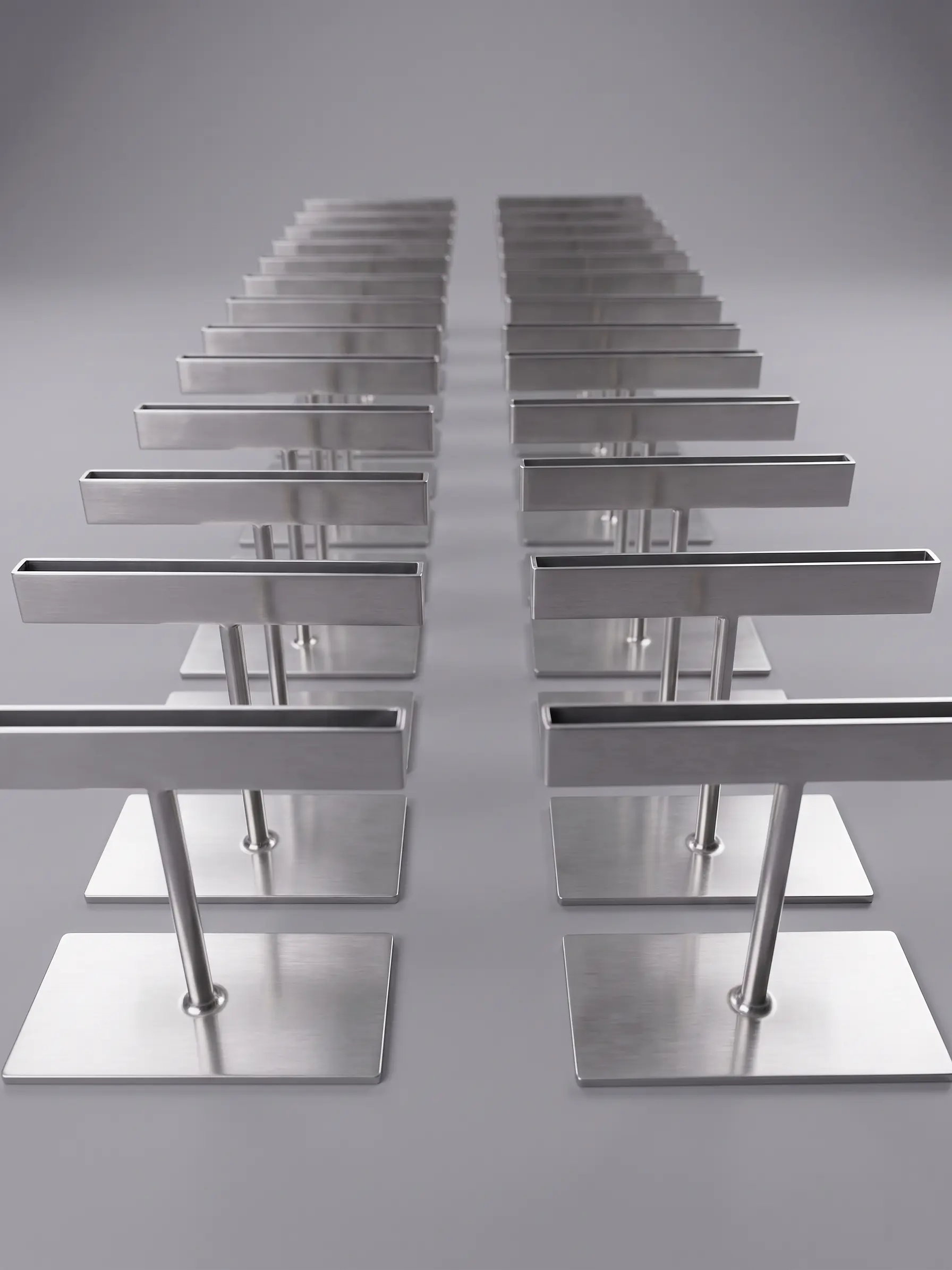 Long row of aluminum commercial displays, aligned in perspective on a workbench