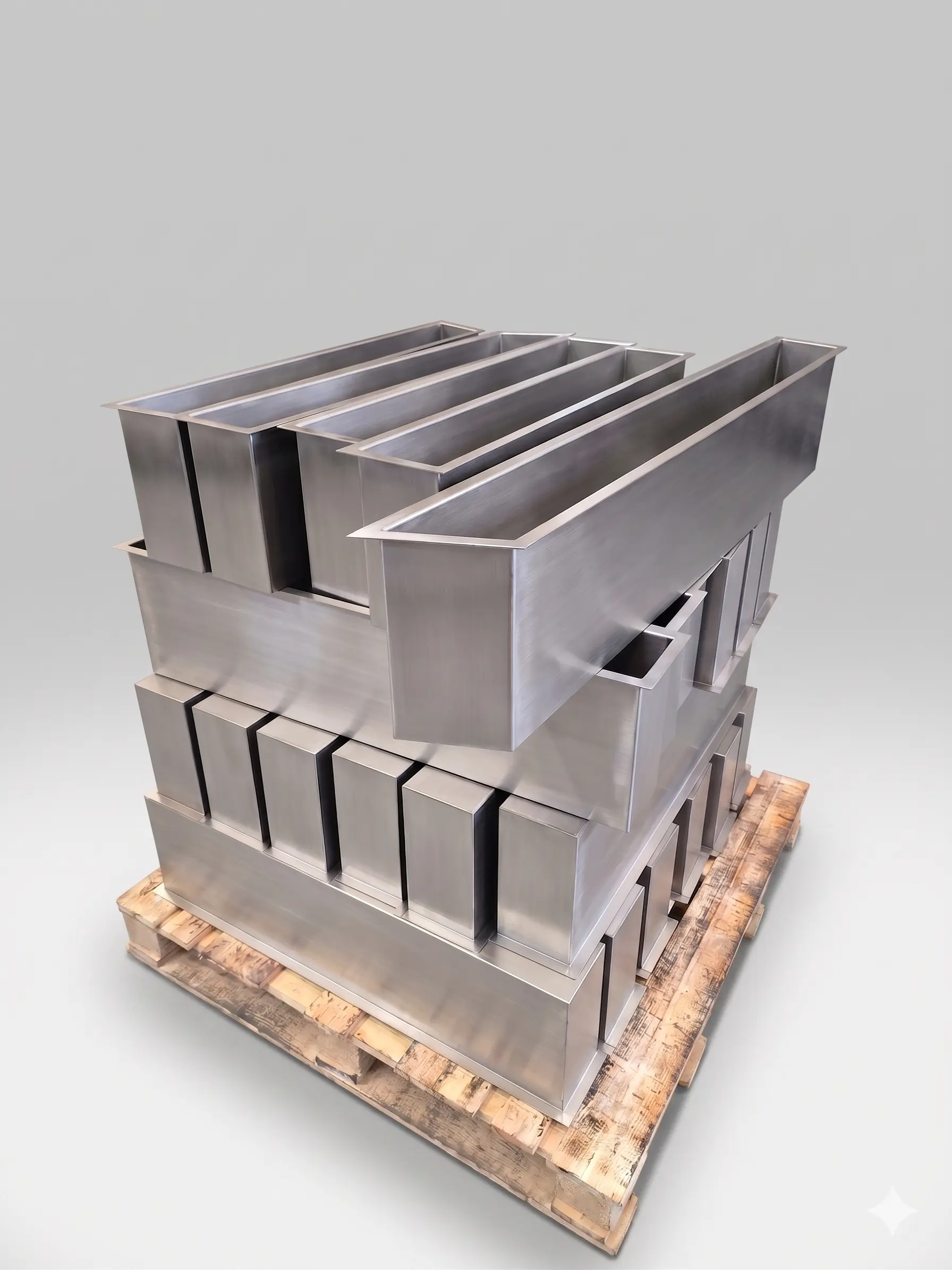 Batch of thick metal profiles bent into a U-shape, neatly arranged on wooden pallets. Produced by DPEMME.