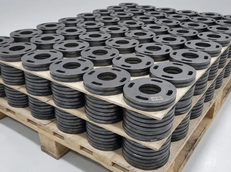 Thousands of circular sheet metal flanges used as tube bases, stacked on a pallet