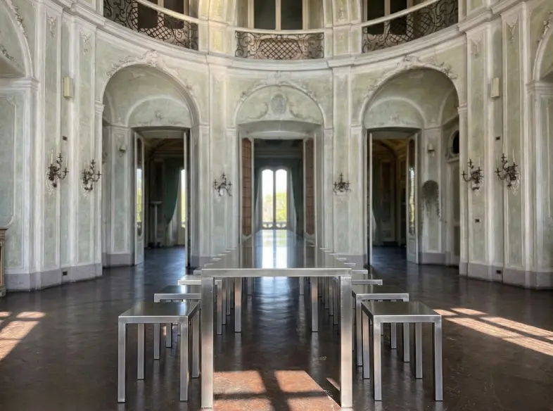 Aluminum tables and stools CNC bent and laser welded, set up in a historic hall