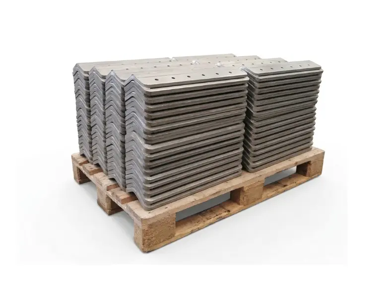 Stacks of moderately thick rectangular sheet metal plates placed on a pallet