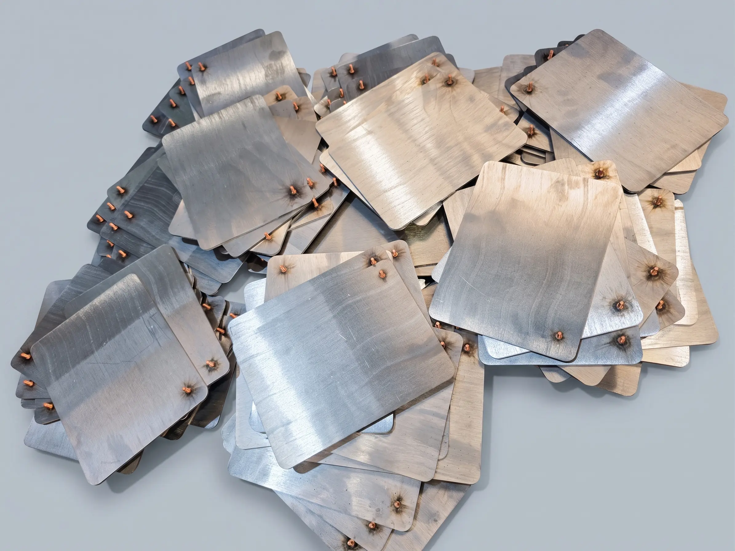 Scattered pile of flat square plates with a raw surface finish