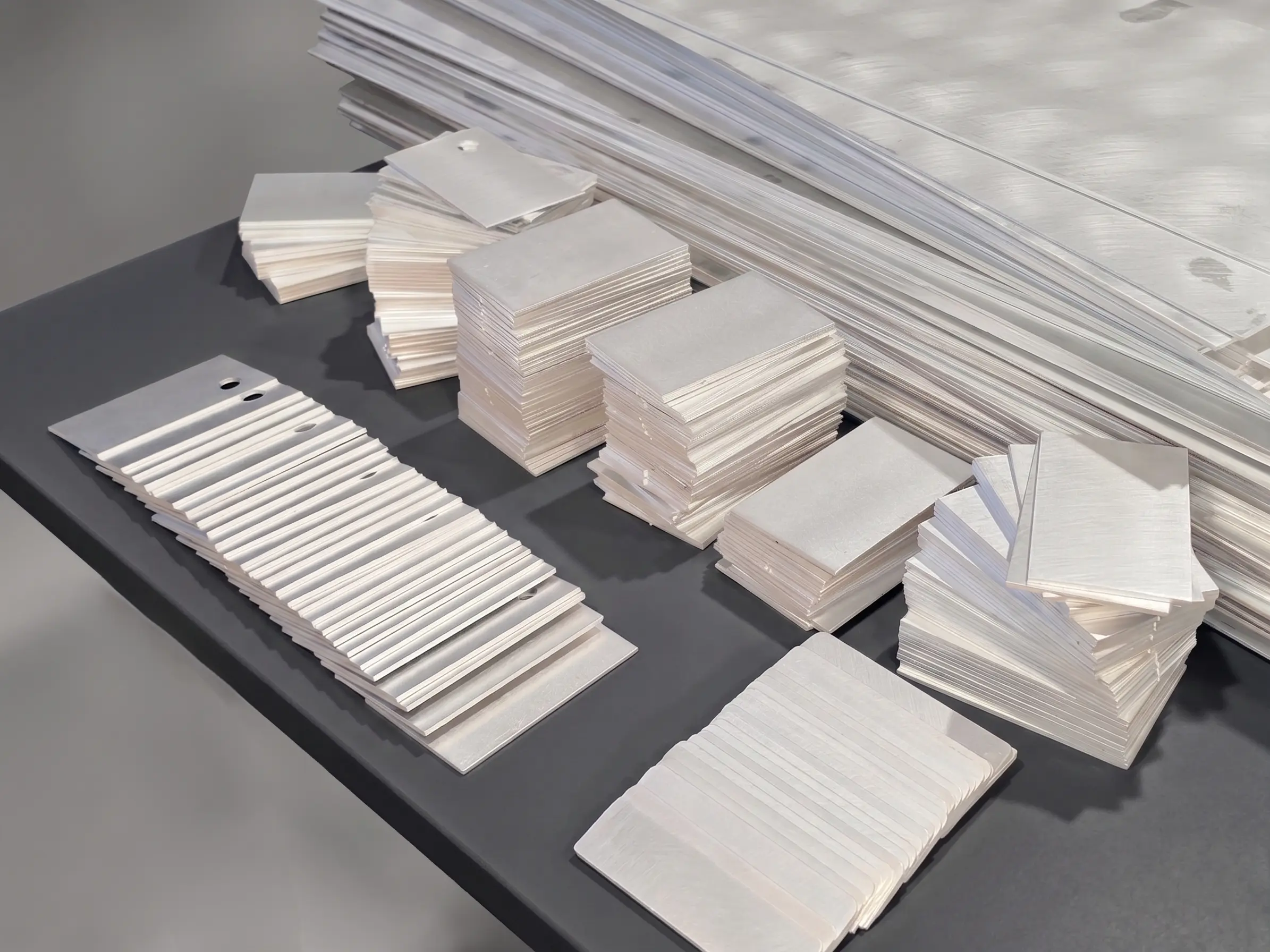 Small rectangular sheet metal plates stacked in blocks