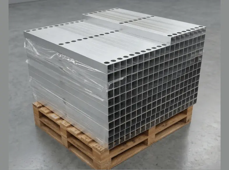 Laser cutting on square aluminum tubular profiles stored on pallets