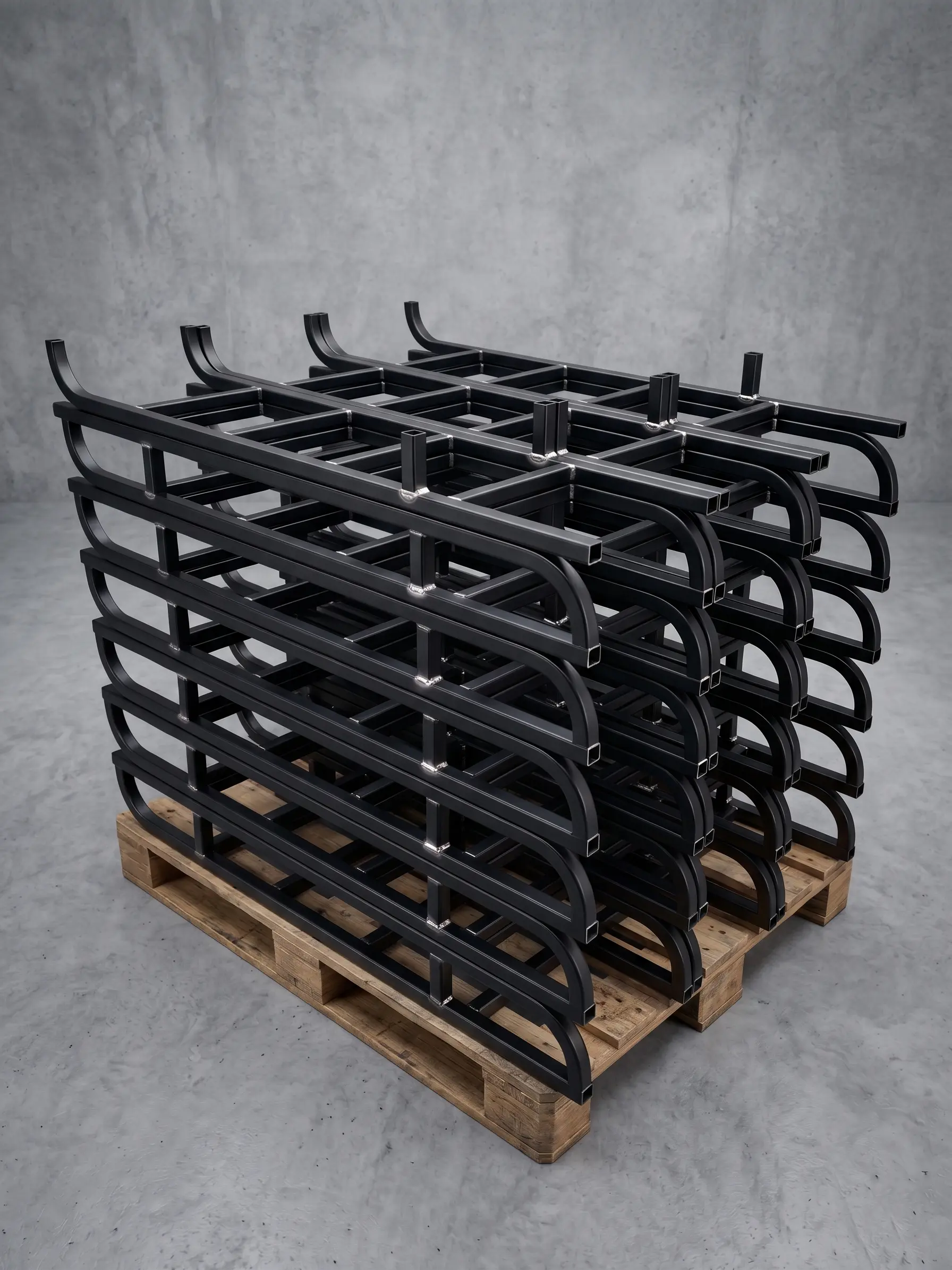 Batch of protective barriers in curved and welded tubular, stacked on pallets and finished with black paint. Produced by DPEMME.