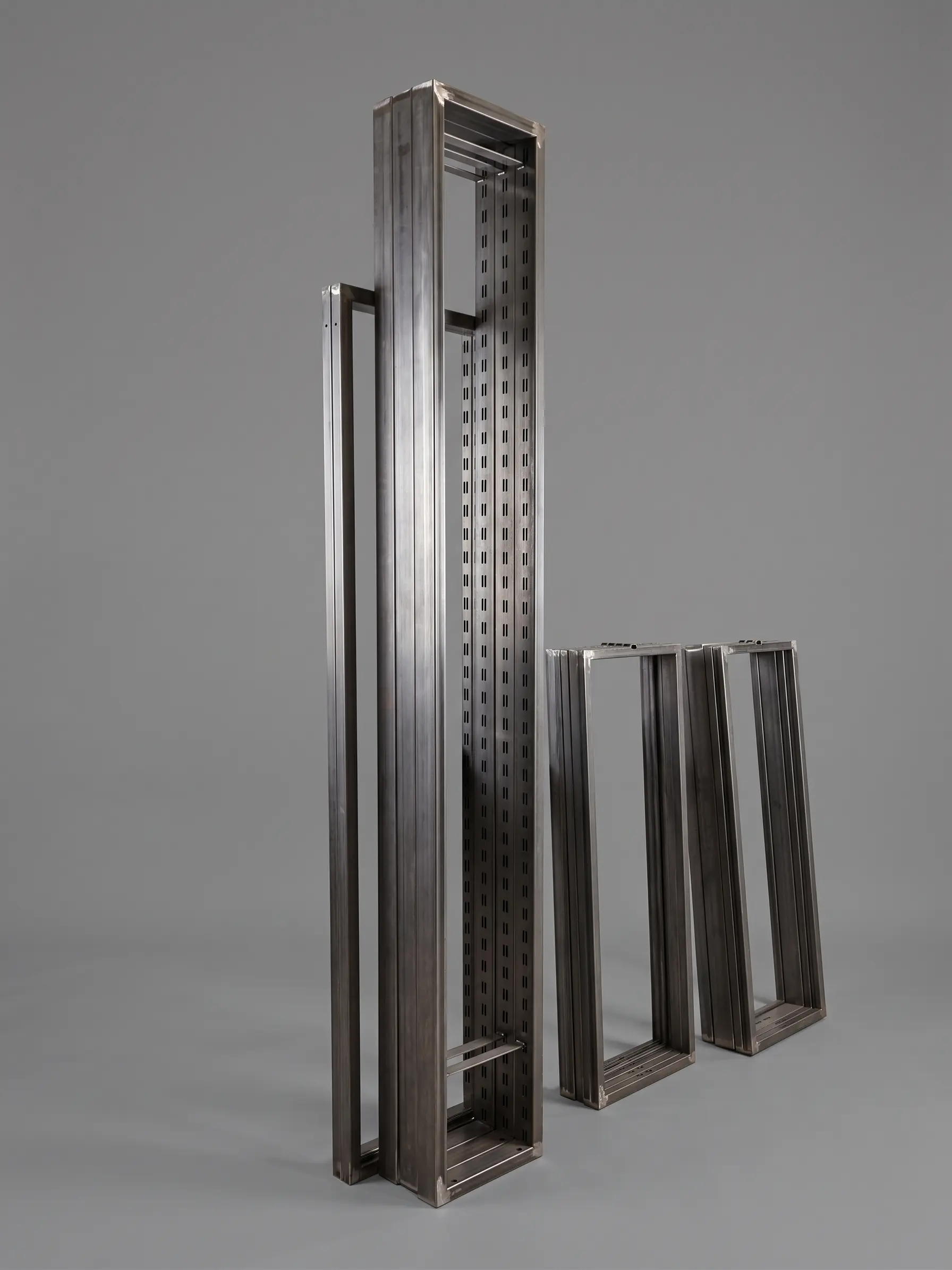 A vertical metal column with modular holes and two coordinated ground supports, in raw iron