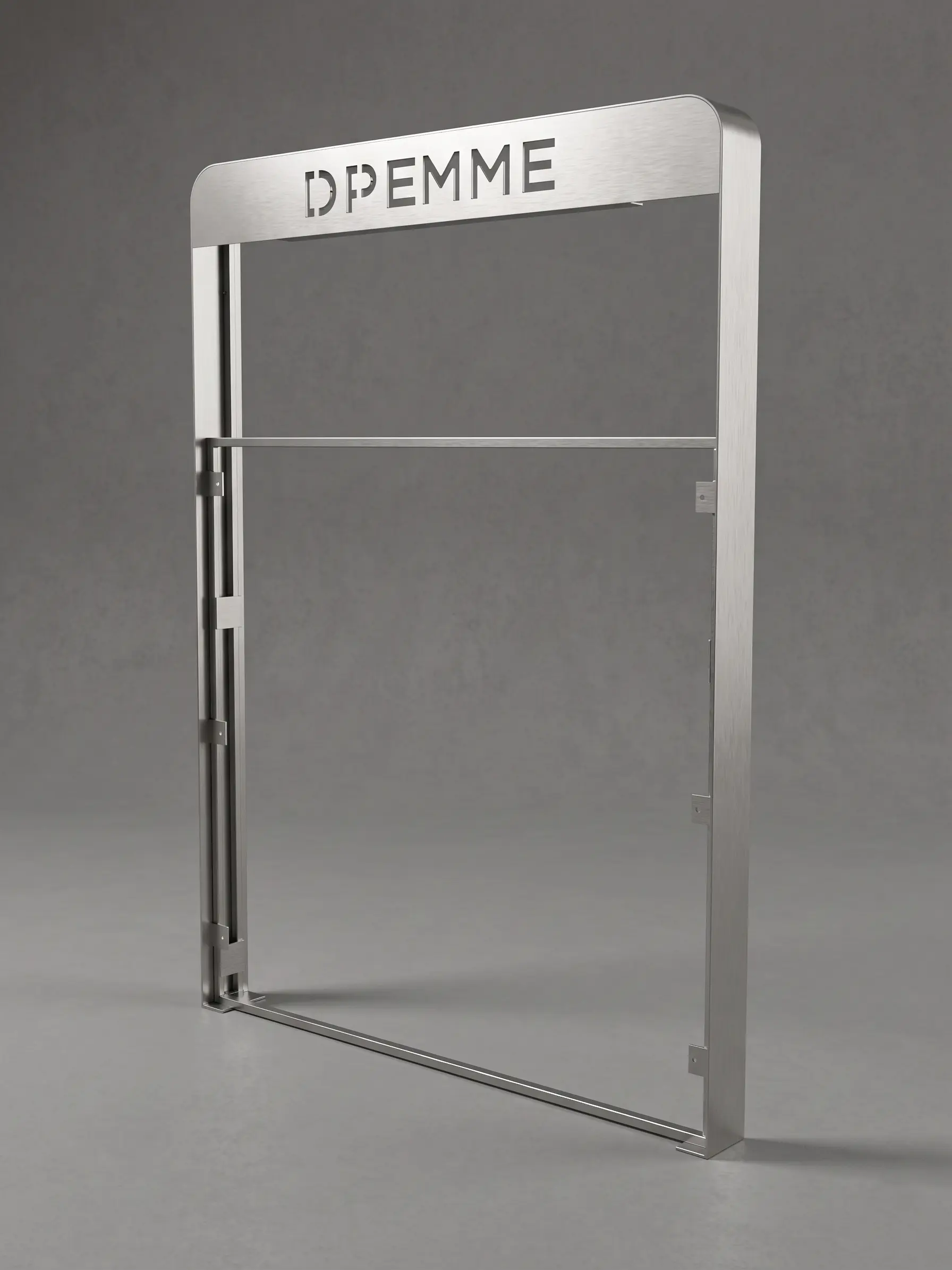 Frame-shaped metal display, with a perforated top panel with a fire extinguisher symbol, a visible extinguisher, and the DPemme brand
