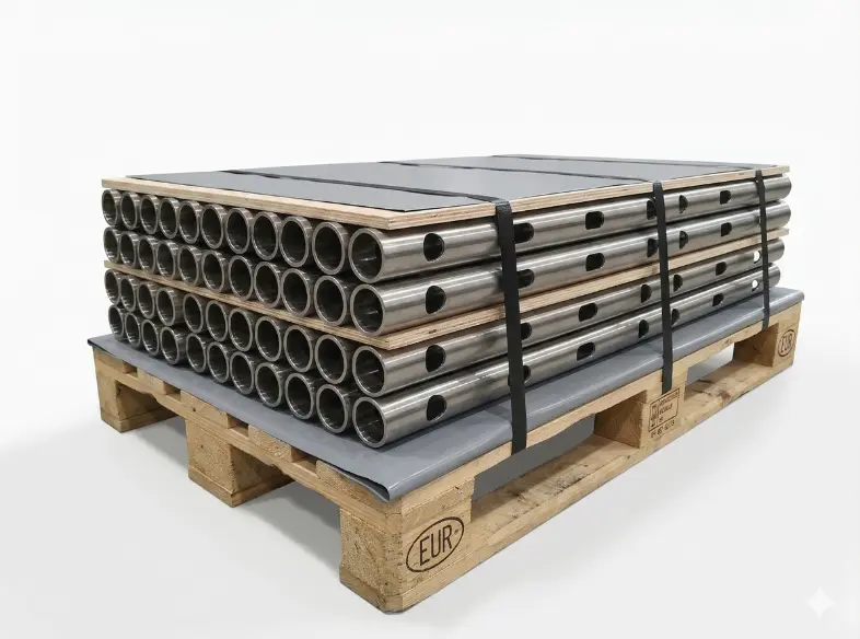 Neat pile of round stainless steel tubes with through-holes for systems
