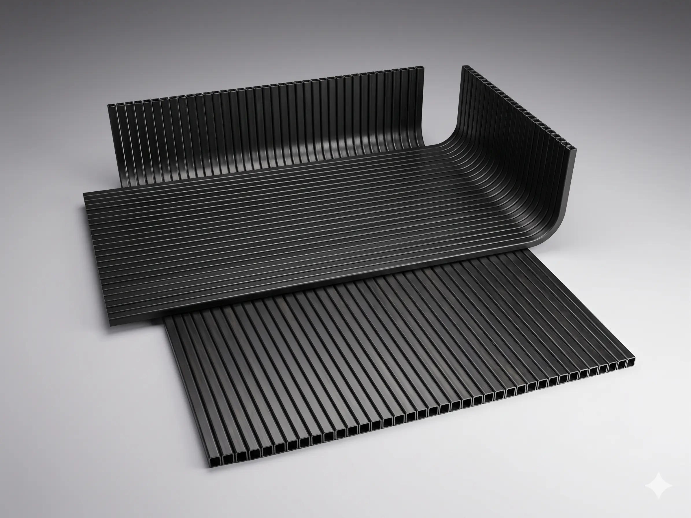 Series of elongated tubes with circular mounting slots, arranged in parallel