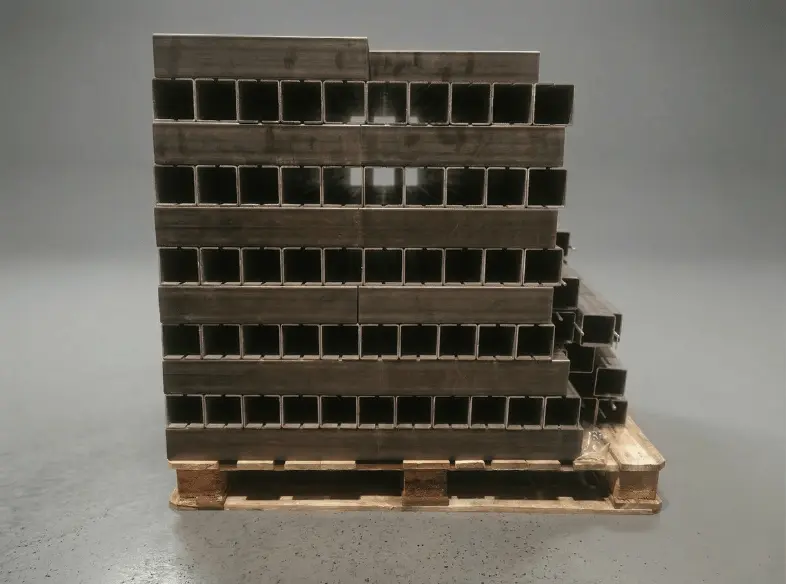Bundle of structural square iron tubes cut by laser