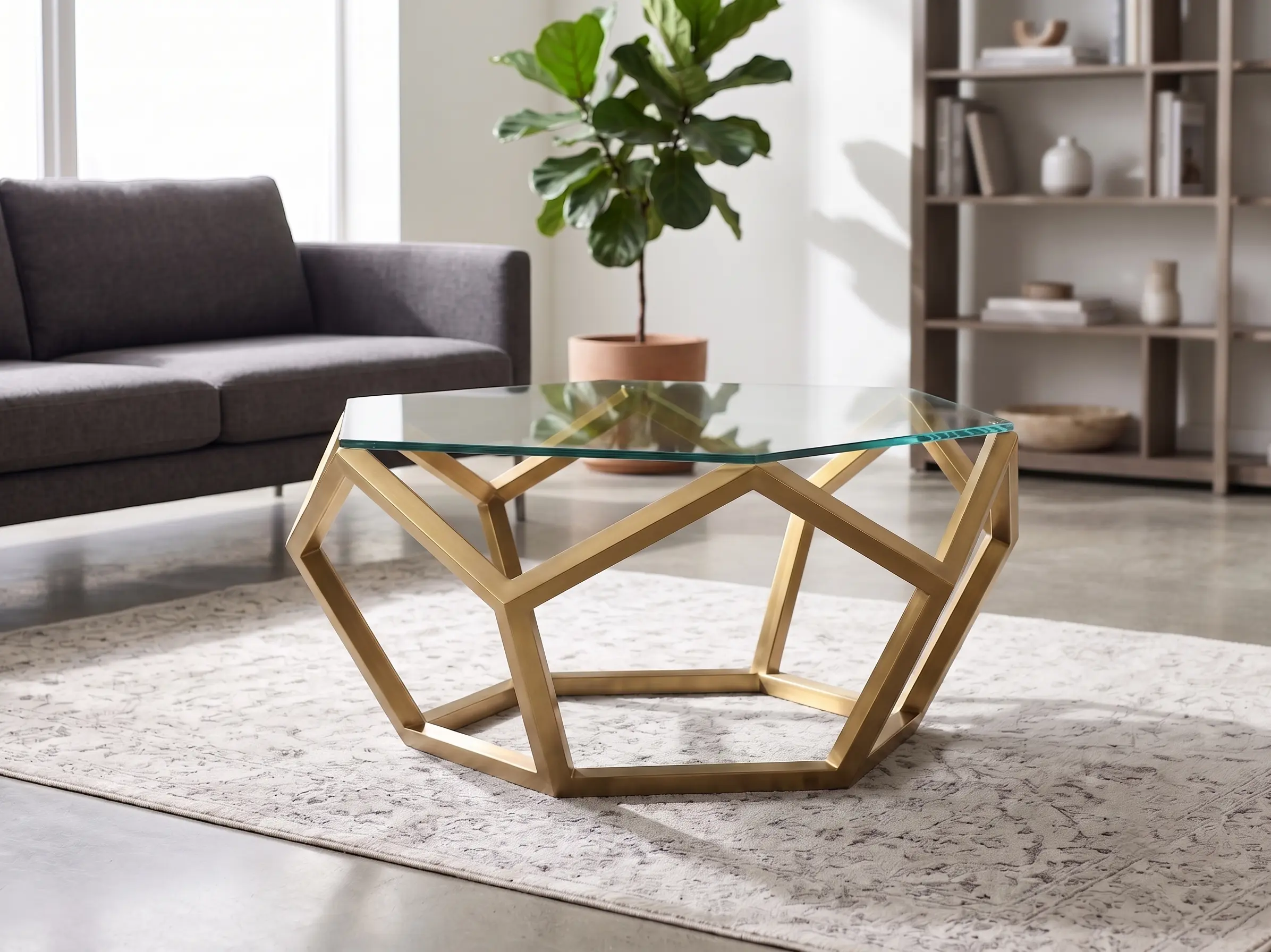 Tavolino da salotto con base esagonale in metallo dorato e piano in vetro