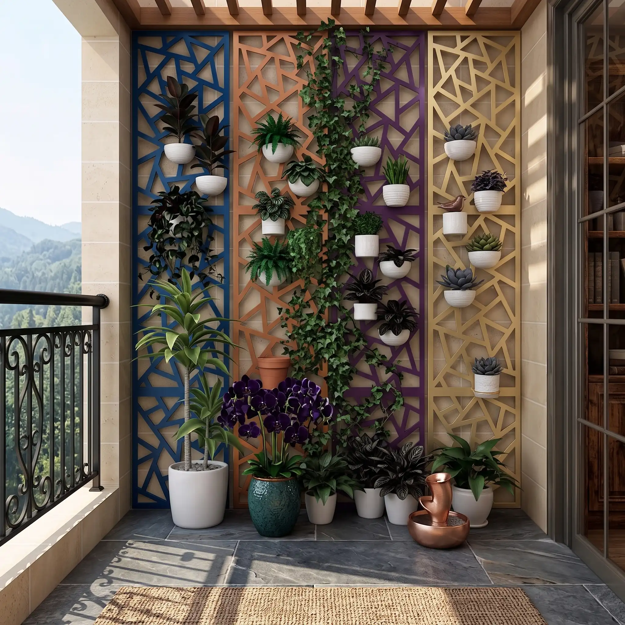 Elegant balcony with colored perforated metal panels and vertical garden with potted plants