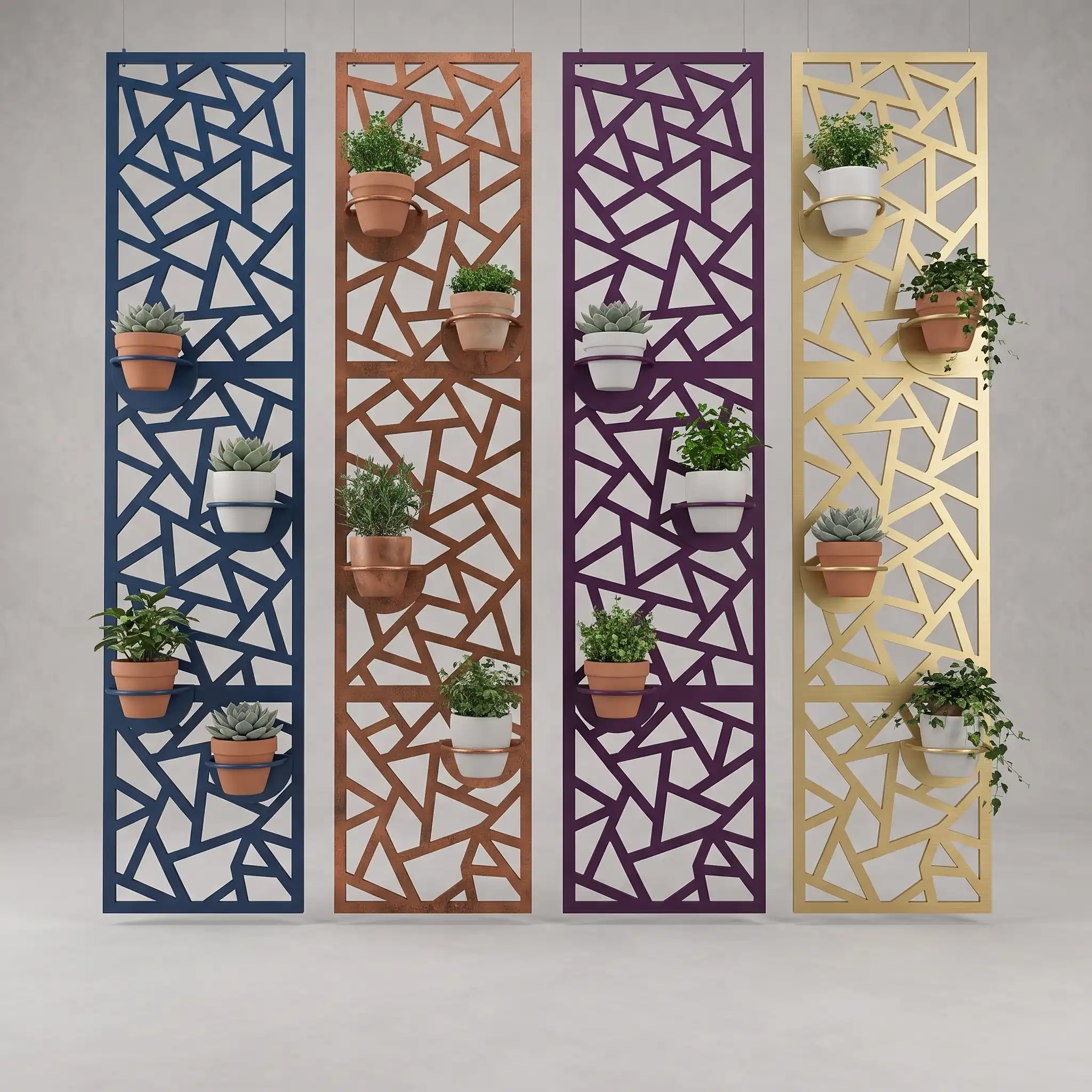 Elegant balcony with colored perforated metal panels and vertical garden with potted plants - 3