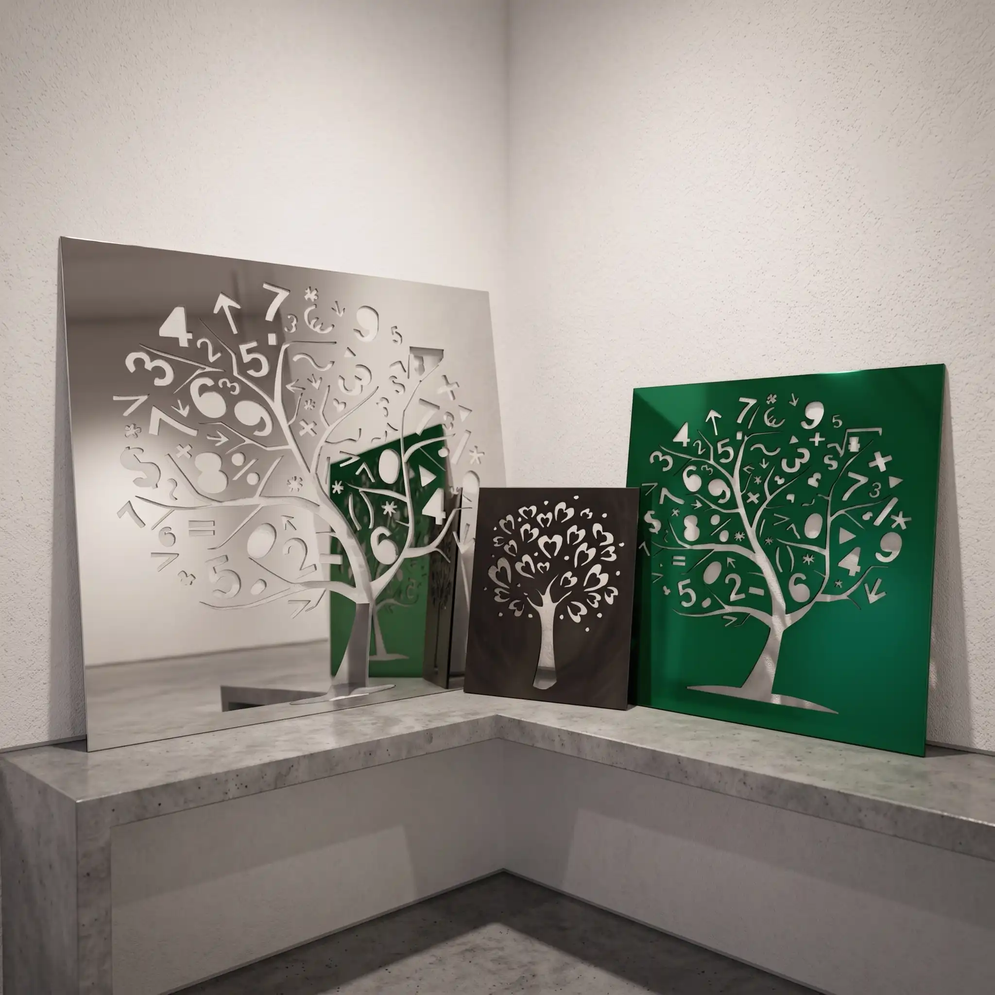 Quadretti decorativi in acciaio Corten e Inox lucido specchio, modelli Albero dei Numeri e Cuoralbero