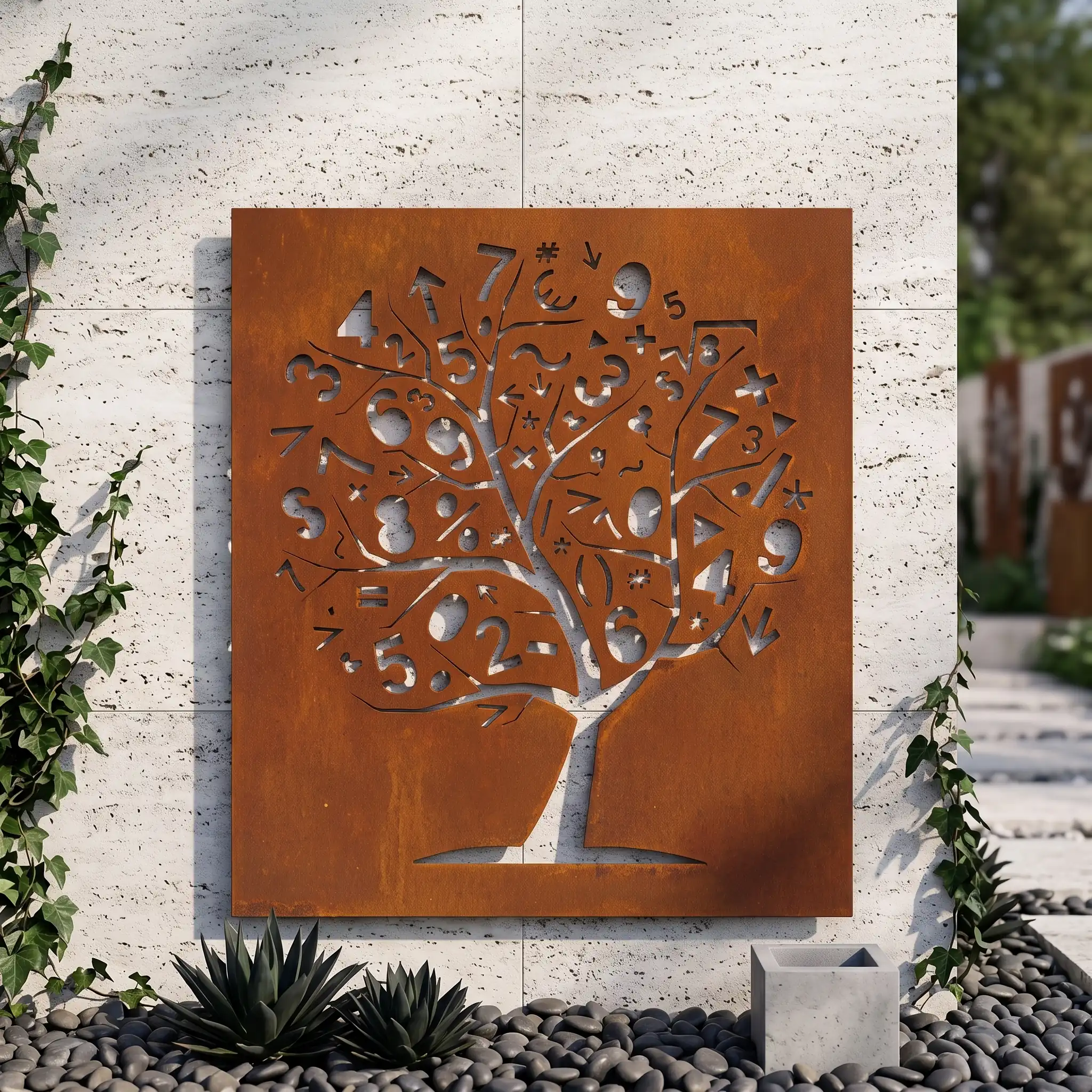 Corten and mirror-polished stainless steel decorative wall art, Tree of Numbers and Heart Tree models - 3