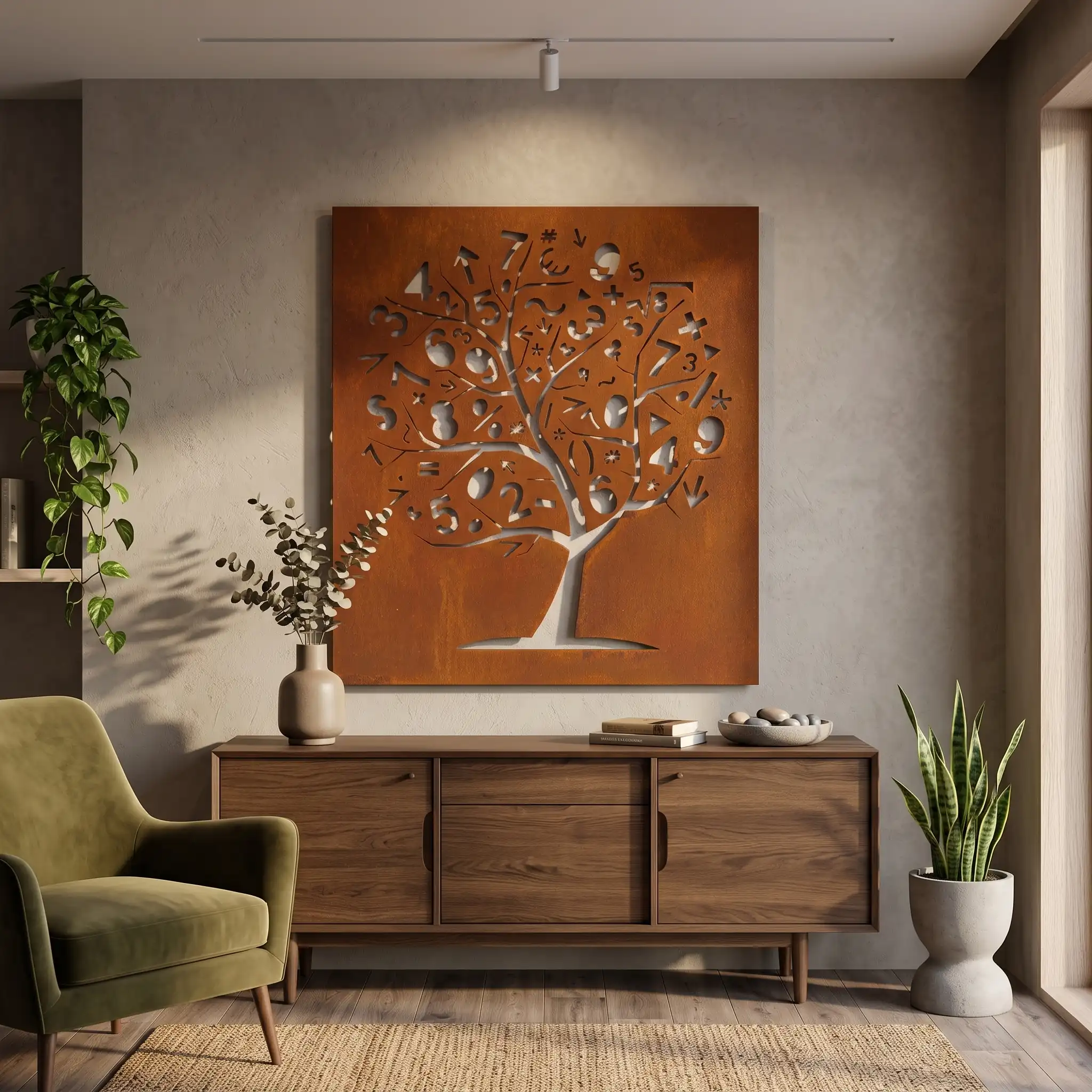 Corten and mirror-polished stainless steel decorative wall art, Tree of Numbers and Heart Tree models - 4