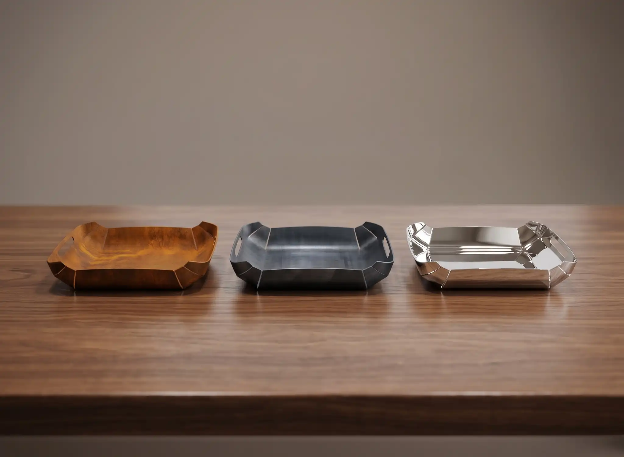 Vassoio e centrotavola di design WAXO in ferro nero cerato, acciaio Cor-Ten, acciaio inox lucido specchio e finitura verniciata, allestito con piante e frutta