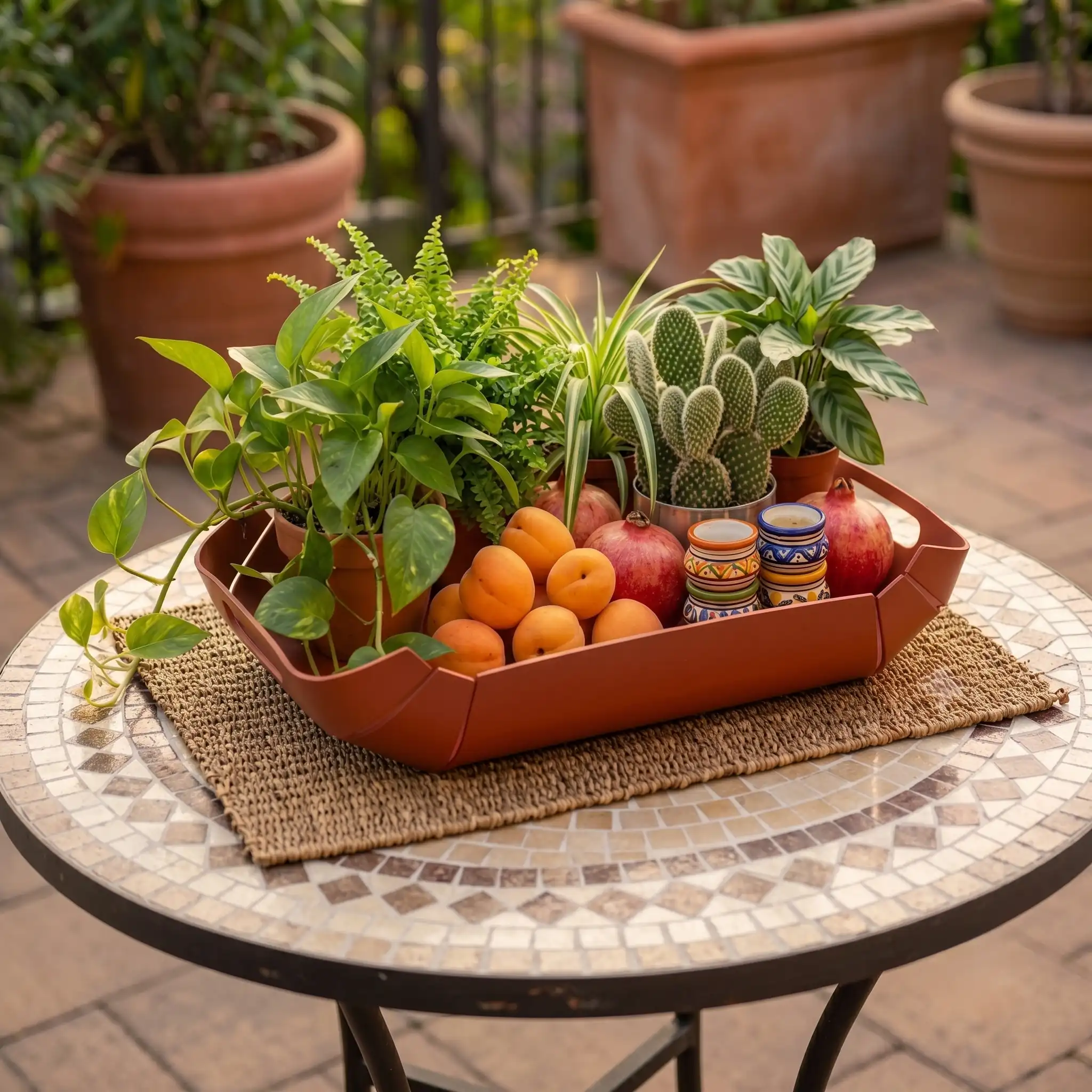 Vassoio e centrotavola di design WAXO in ferro nero cerato, acciaio Cor-Ten, acciaio inox lucido specchio e finitura verniciata, allestito con piante e frutta - 2