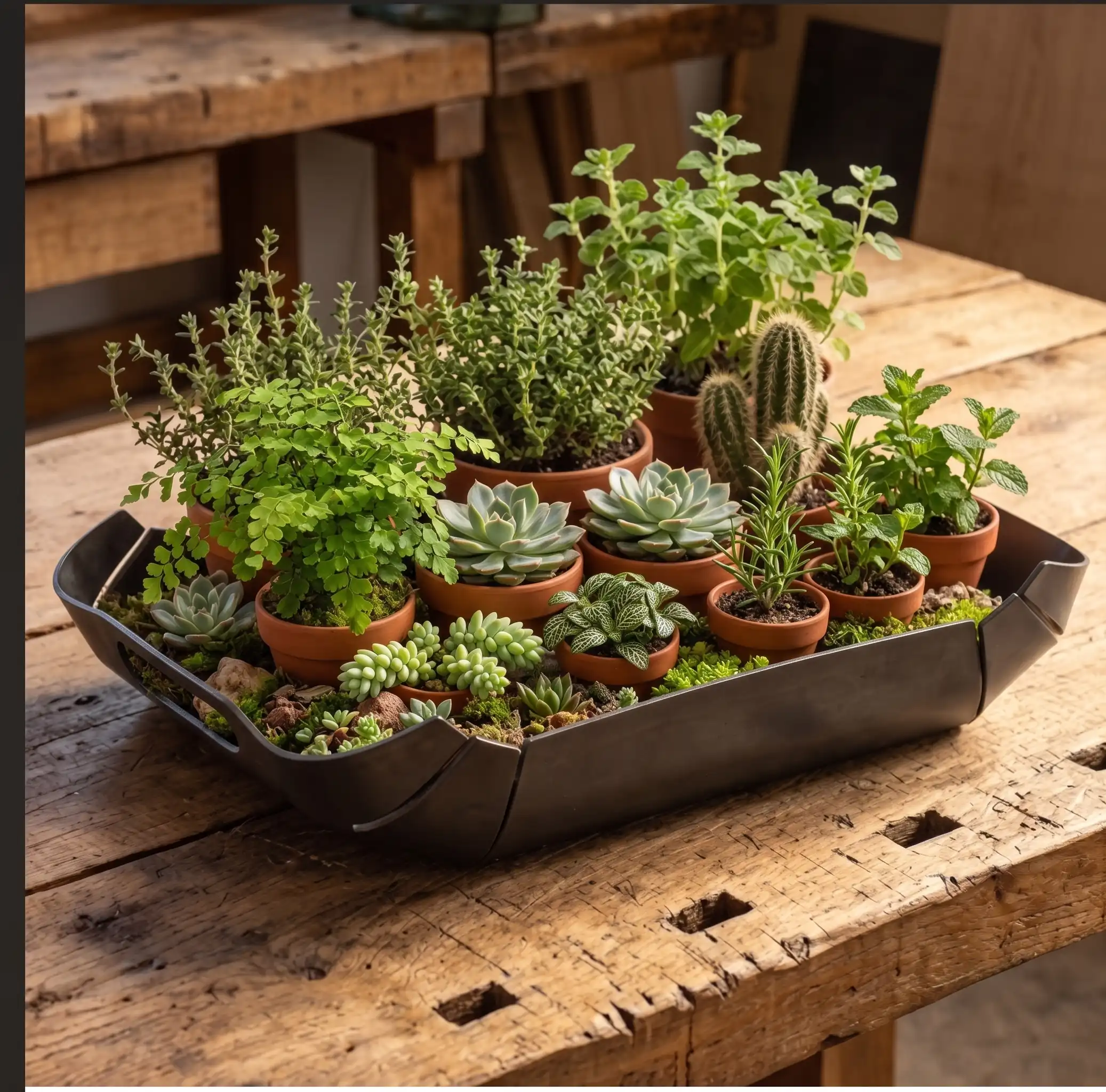 Vassoio e centrotavola di design WAXO in ferro nero cerato, acciaio Cor-Ten, acciaio inox lucido specchio e finitura verniciata, allestito con piante e frutta - 4