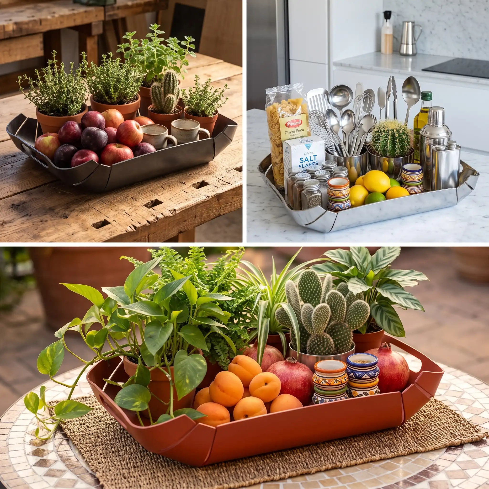 Vassoio e centrotavola di design WAXO in ferro nero cerato, acciaio Cor-Ten, acciaio inox lucido specchio e finitura verniciata, allestito con piante e frutta - 5
